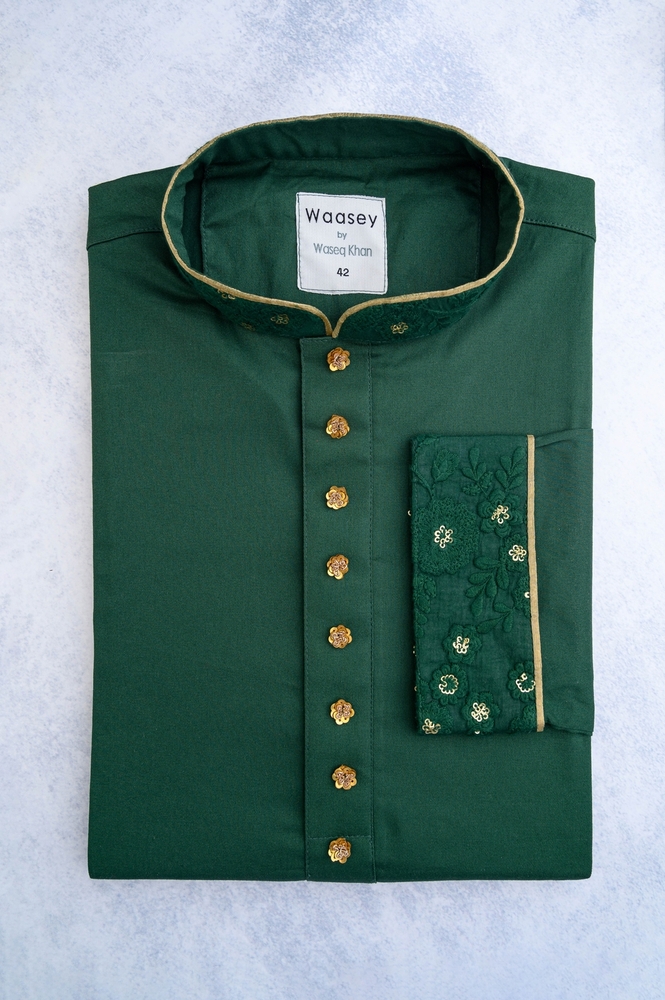 Deep Emerald Gold-Trimmed Panjabi